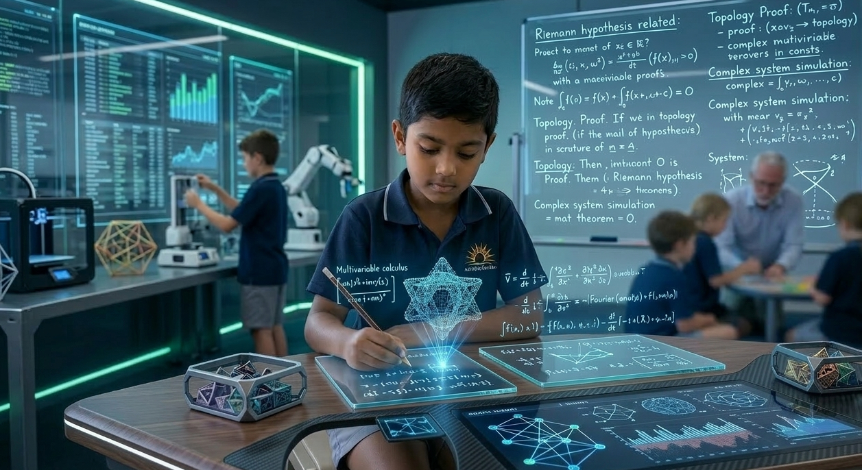 Year 3 student working on maths in a futuristic Australian classroom