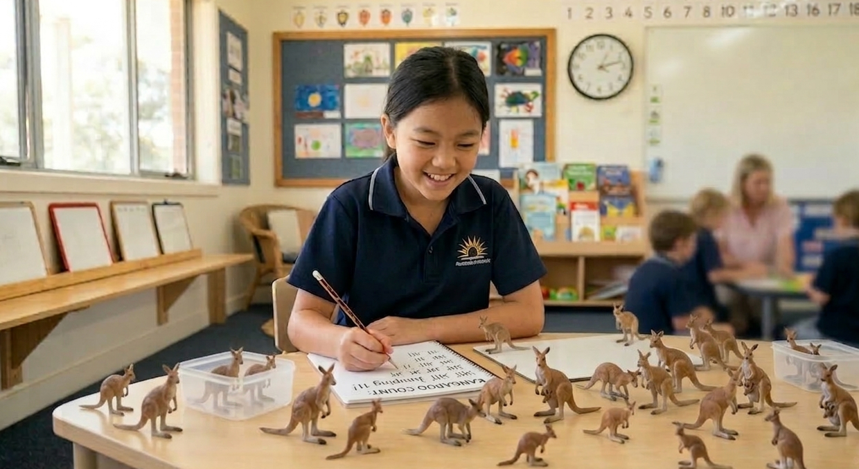 Year 5 student counting kangaroo figures in an Australian classroom